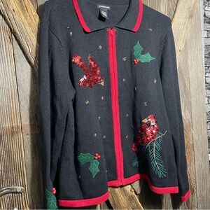 Vintage Jason Maxwell Zip up Collared CARDINAL sweater! Christmas size Large EUC